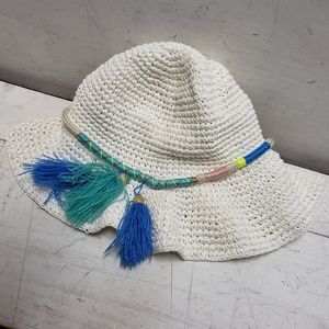 Merona womens floppy white beach sun hat w/ colorful tassle accent one size